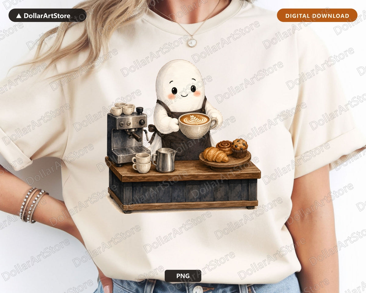 Cute Ghost Barista PNG, Sublimation Design, Coffee Shirt PNG Digital Download