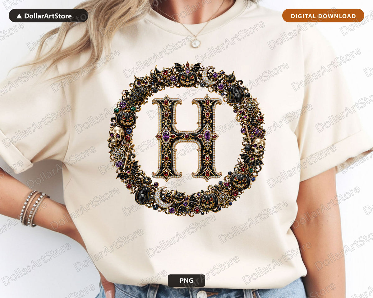Halloween Letter H Monogram PNG, Ornate Gothic Design, Sublimation Print