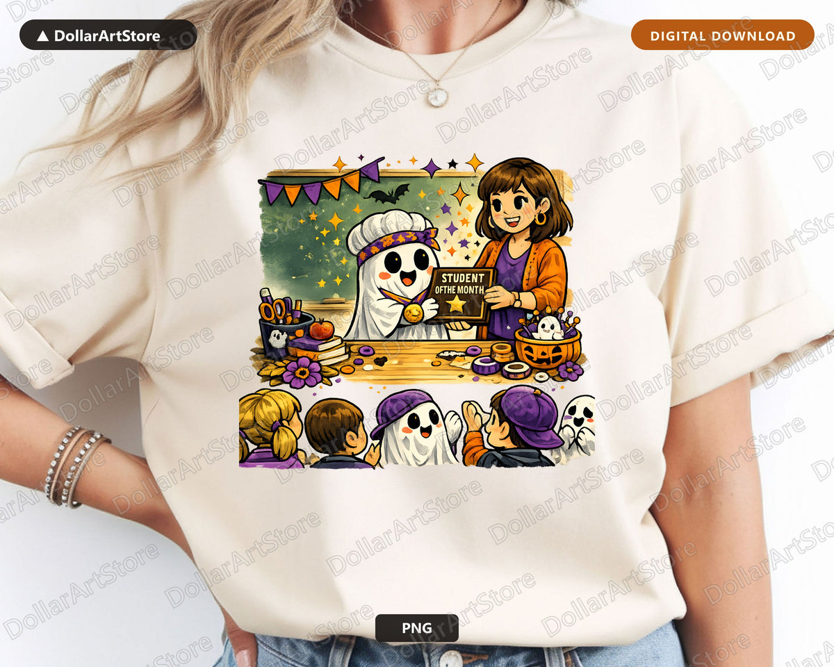 Cute Halloween Ghost PNG, Student of Month, Sublimation Design Digital Download