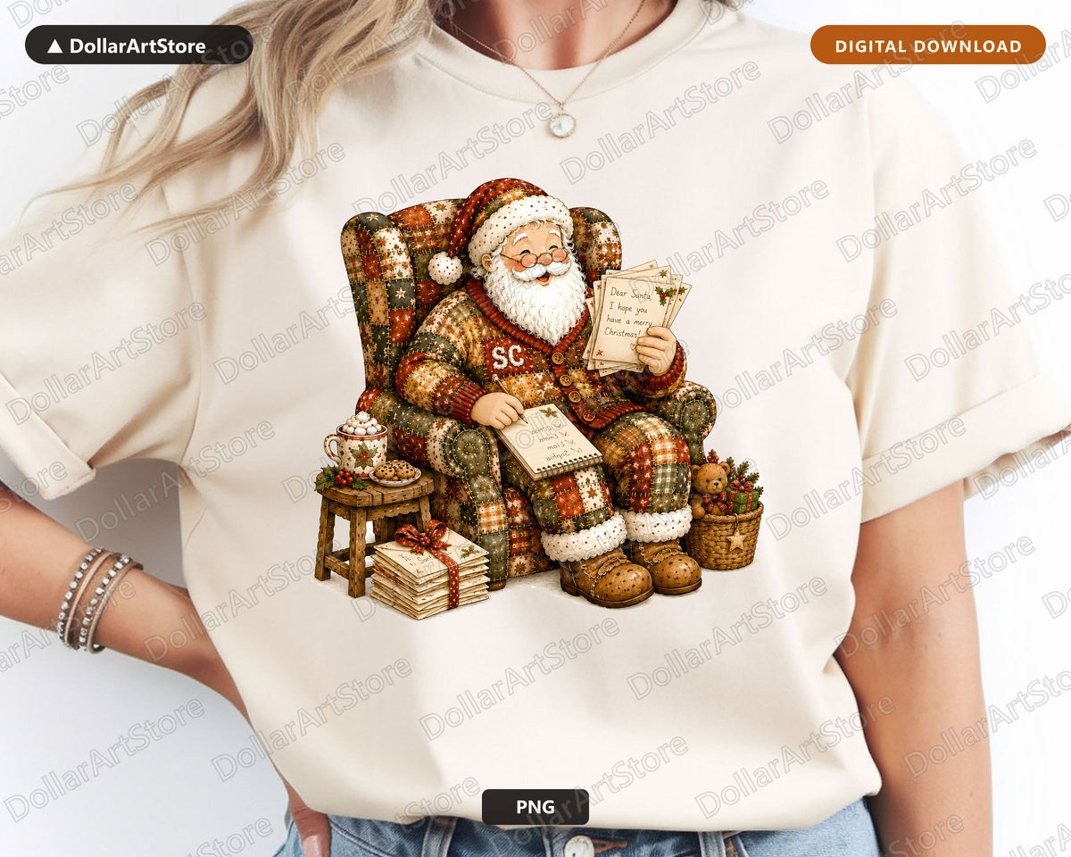 Santa Patchwork PNG, Vintage Christmas Design, Sublimation Shirt Print