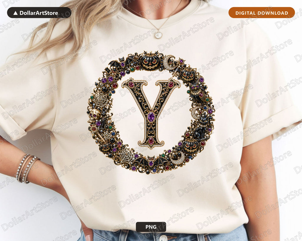 Halloween Monogram Y PNG, Gothic Jewelry Letter Design, Sublimation Shirt PNG