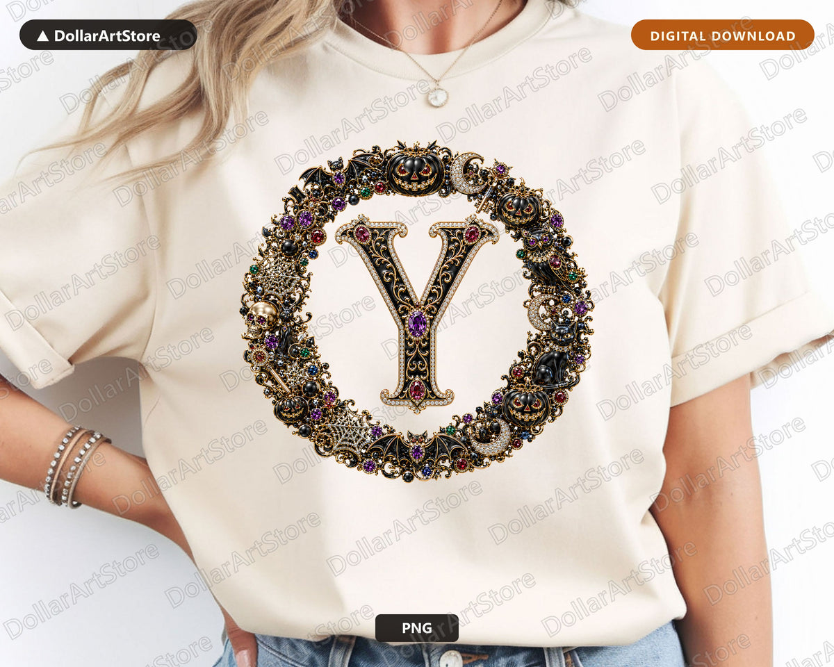 Halloween Monogram Y PNG, Gothic Jewelry Letter Design, Sublimation Shirt PNG