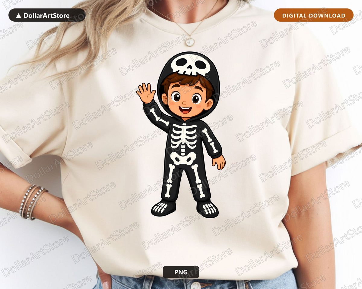 Cute Skeleton Costume Kid PNG, Halloween Sublimation Design, Shirt & Tumbler Digital Download