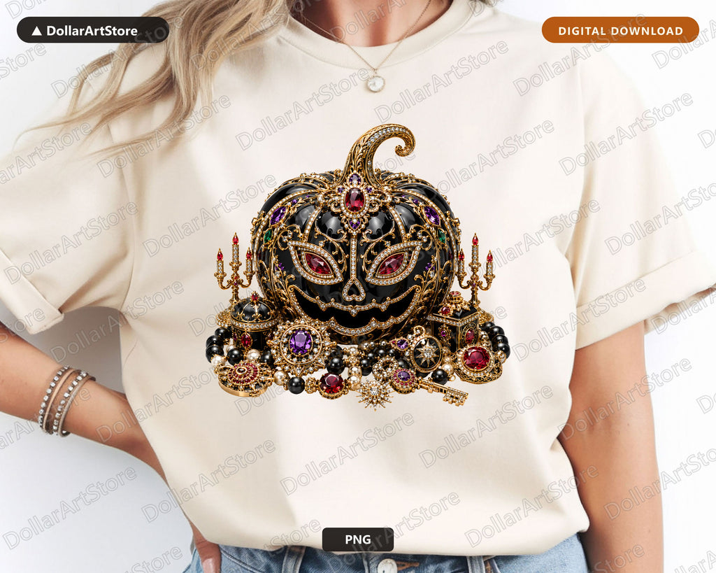 Luxury Gothic Halloween Pumpkin PNG, Ornate Jeweled Sublimation Design