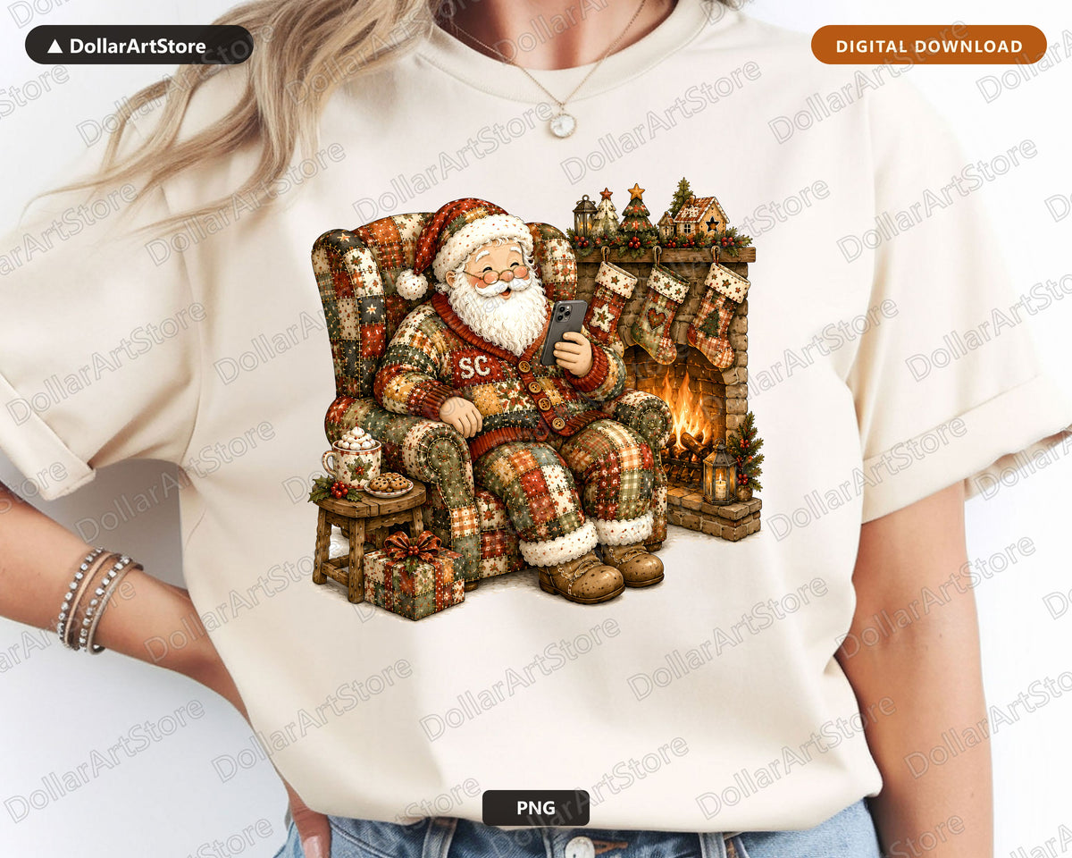 Santa Patchwork PNG, Sublimation Design, Christmas Shirt Digital Download