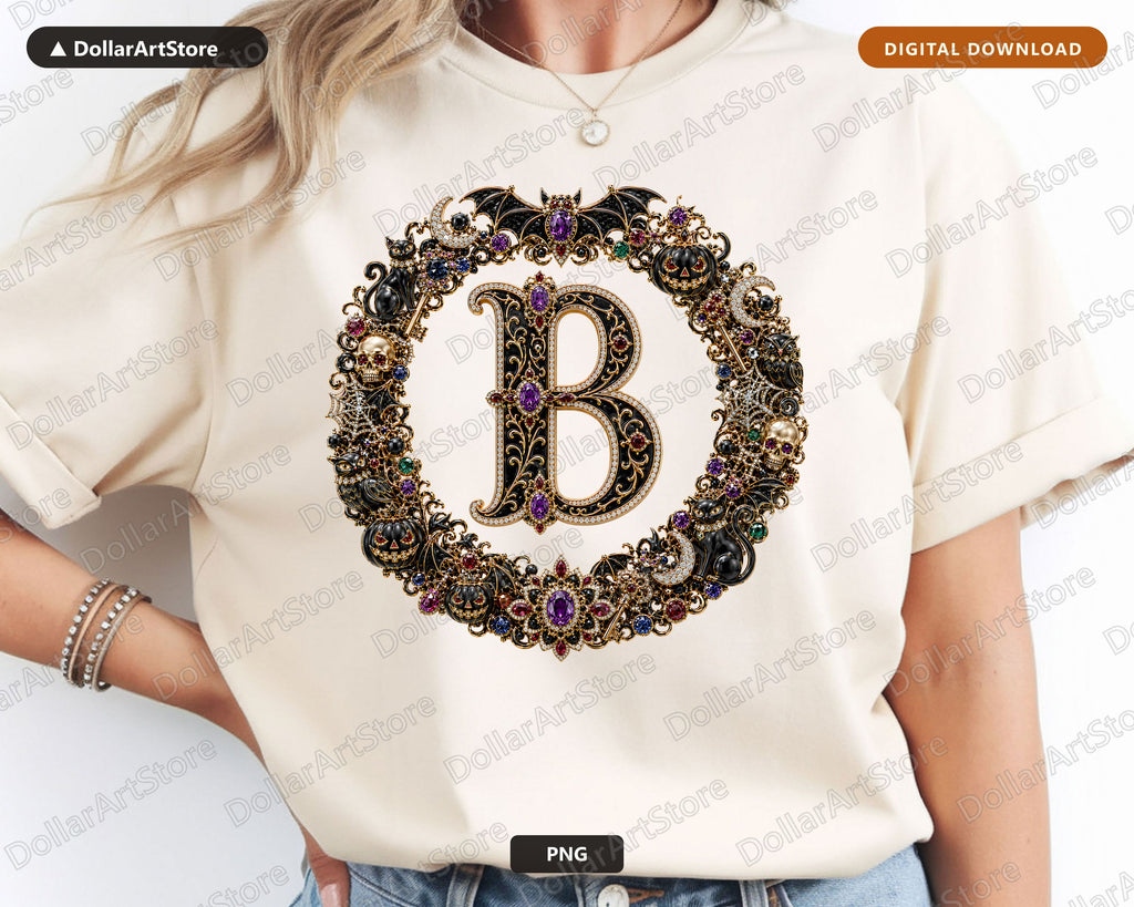 Letter B Halloween Monogram PNG, Gothic Jewelry Design, Sublimation Download
