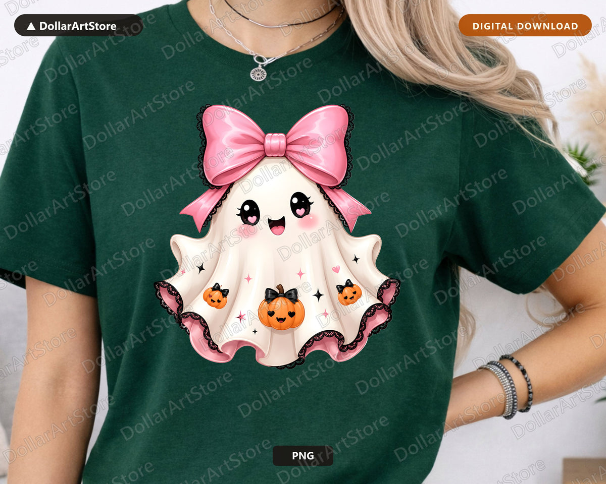 Cute Halloween Ghost PNG, Pink Bow Sublimation Design, Shirt & Tumbler PNG