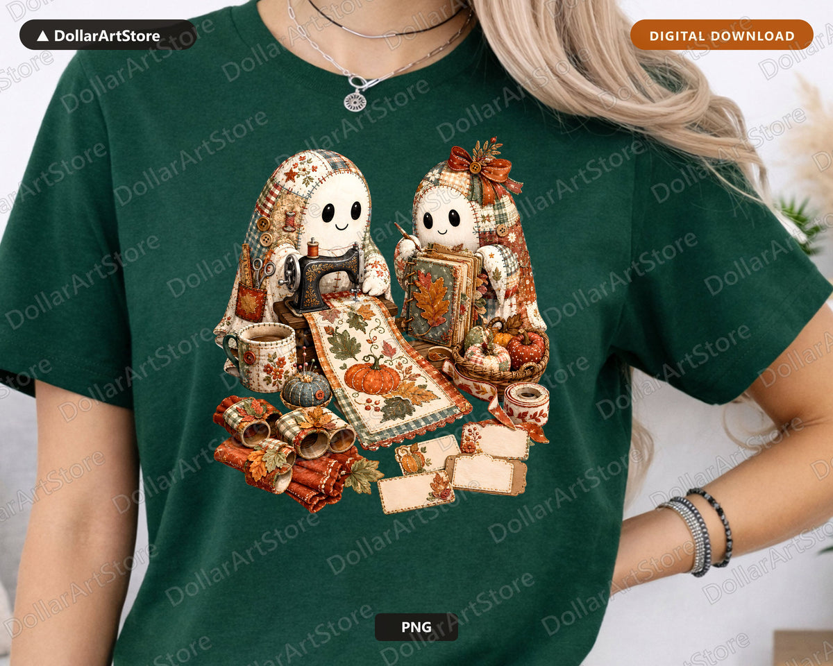 Crafting Ghosts PNG, Autumn Sewing Design, Sublimation Digital Download