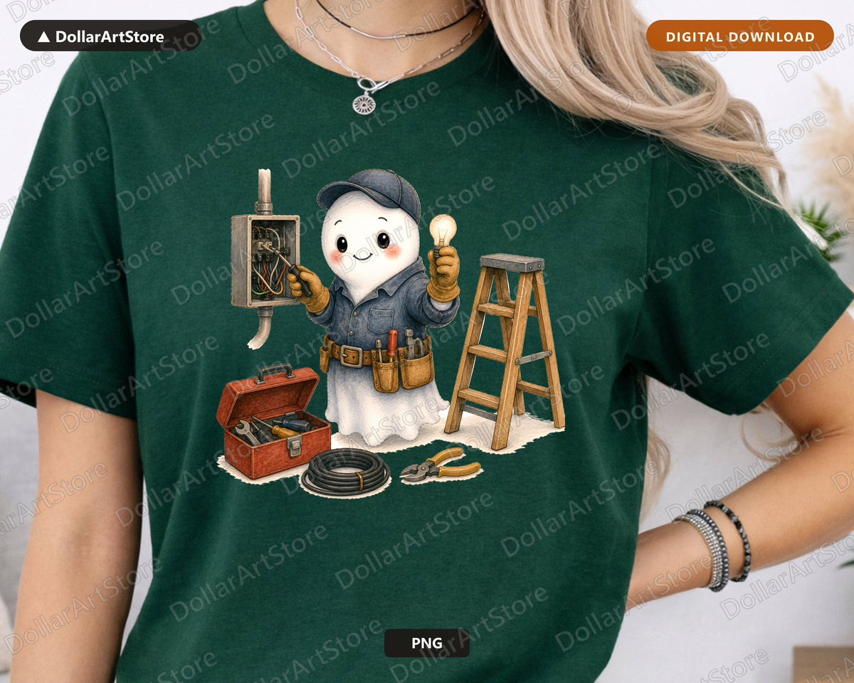 Electrician Ghost PNG, Cute Worker Character Sublimation Design Digital Download