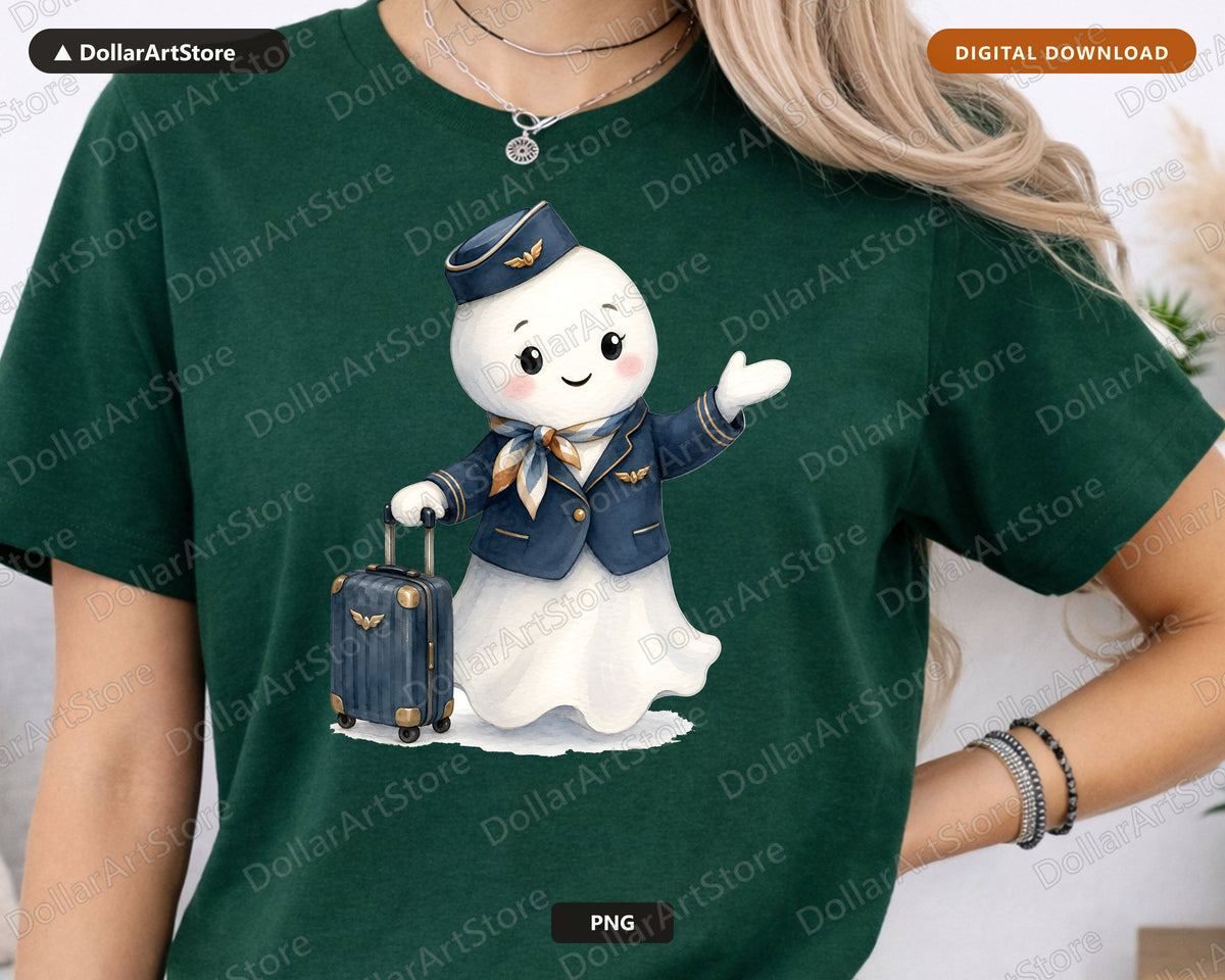 Cute Pilot Ghost PNG, Vintage Airline Steward Design, Sublimation Download