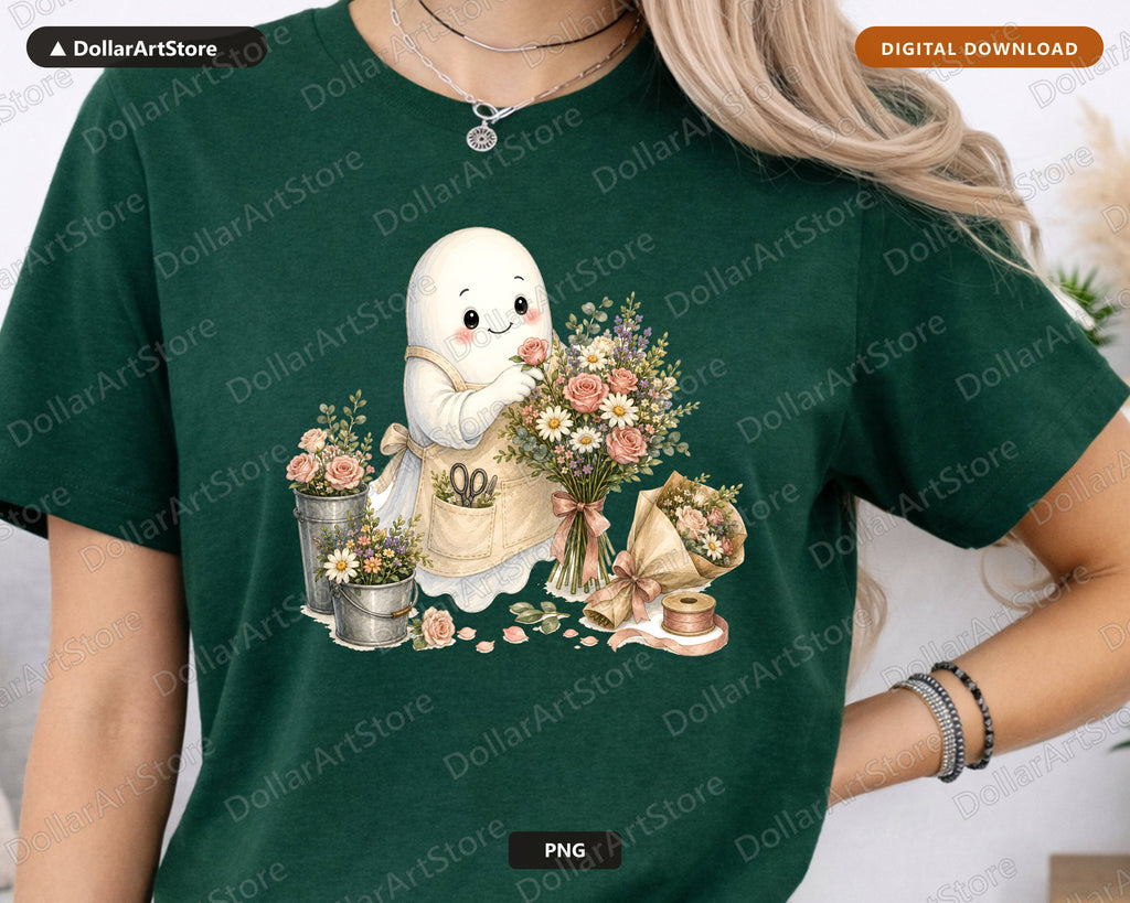 Cute Ghost PNG Sublimation Design, Florist Ghost Shirt, POD Digital Download