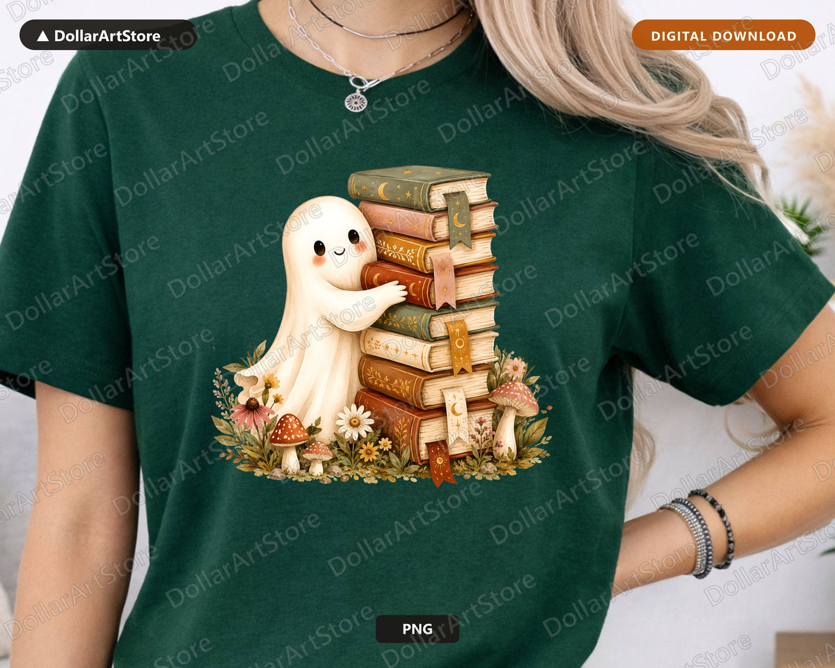 Bookish Ghost PNG, Whimsical Library Design, Sublimation Download