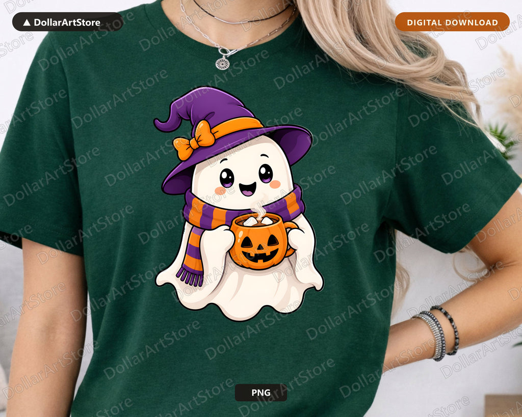 Cute Halloween Ghost PNG, Witch Hat Design, Sublimation Shirt Download