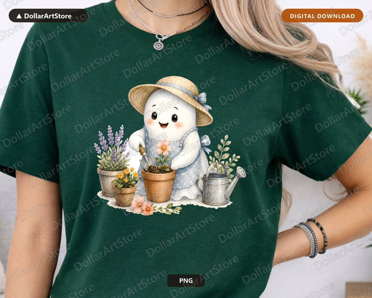 Gardening Ghost PNG, Cute Character Design, Sublimation Print-on-Demand Download