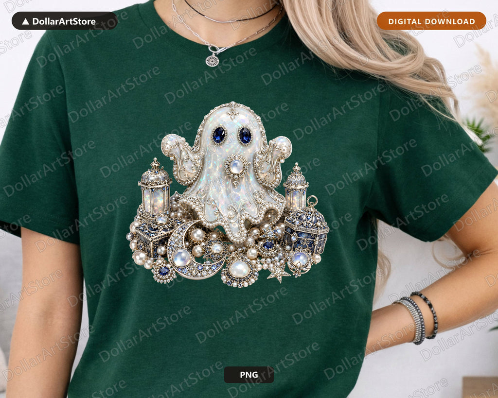 Gothic Jeweled Ghost PNG, Sublimation Design, Halloween Shirt Design Digital Download