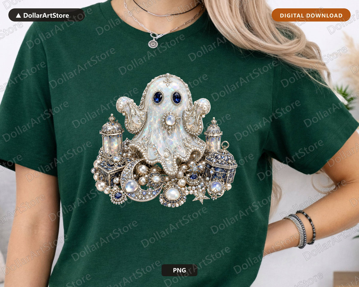 Gothic Jeweled Ghost PNG, Sublimation Design, Halloween Shirt Design Digital Download