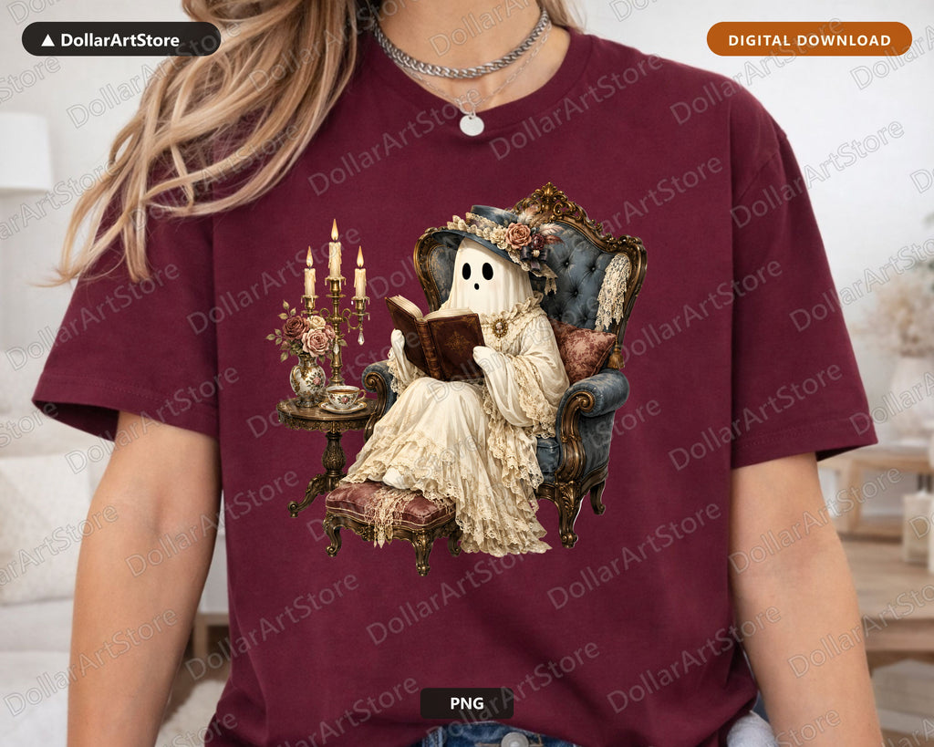 Bookish Ghost PNG, Vintage Gothic Design, Sublimation Shirt Design Digital Download