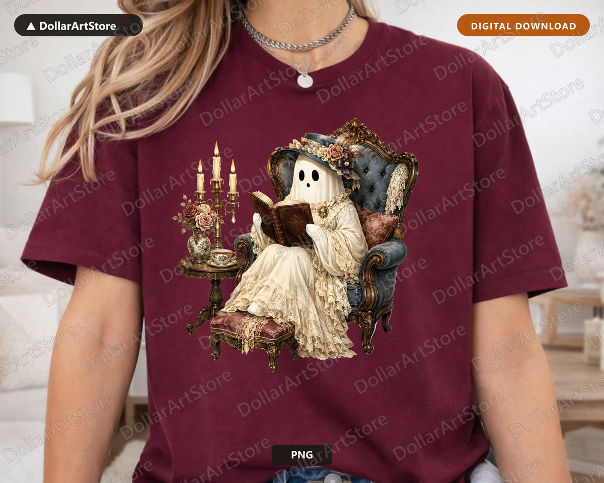 Bookish Ghost PNG, Vintage Gothic Design, Sublimation Shirt Design Digital Download
