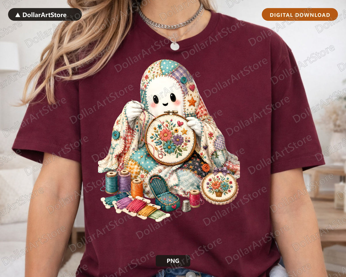 Crafting Ghost PNG, Embroidery Art Sublimation Design, Cute Ghost Shirt PNG