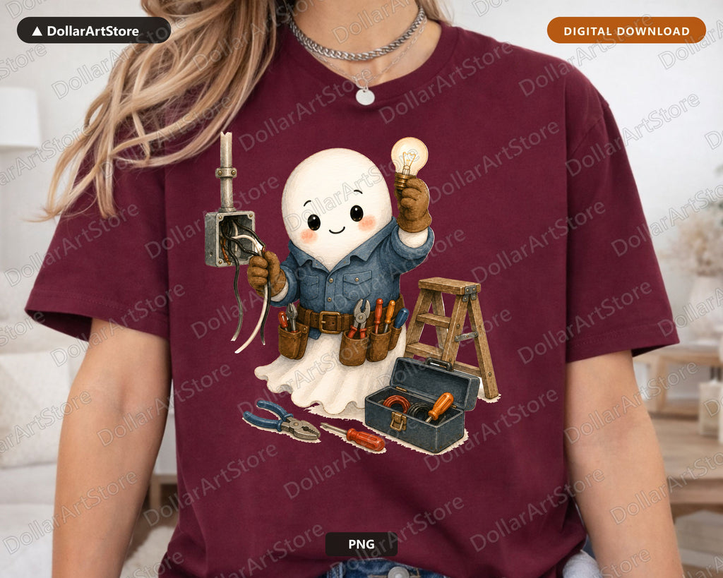 Cute Ghost Electrician PNG, Sublimation Design, Shirt Print Digital Download