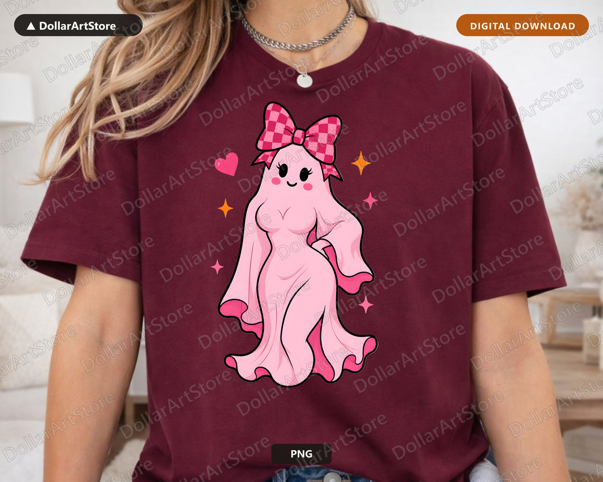 Cute Pink Ghost PNG Sublimation Design, Bow Checkered Shirt Print Digital Download