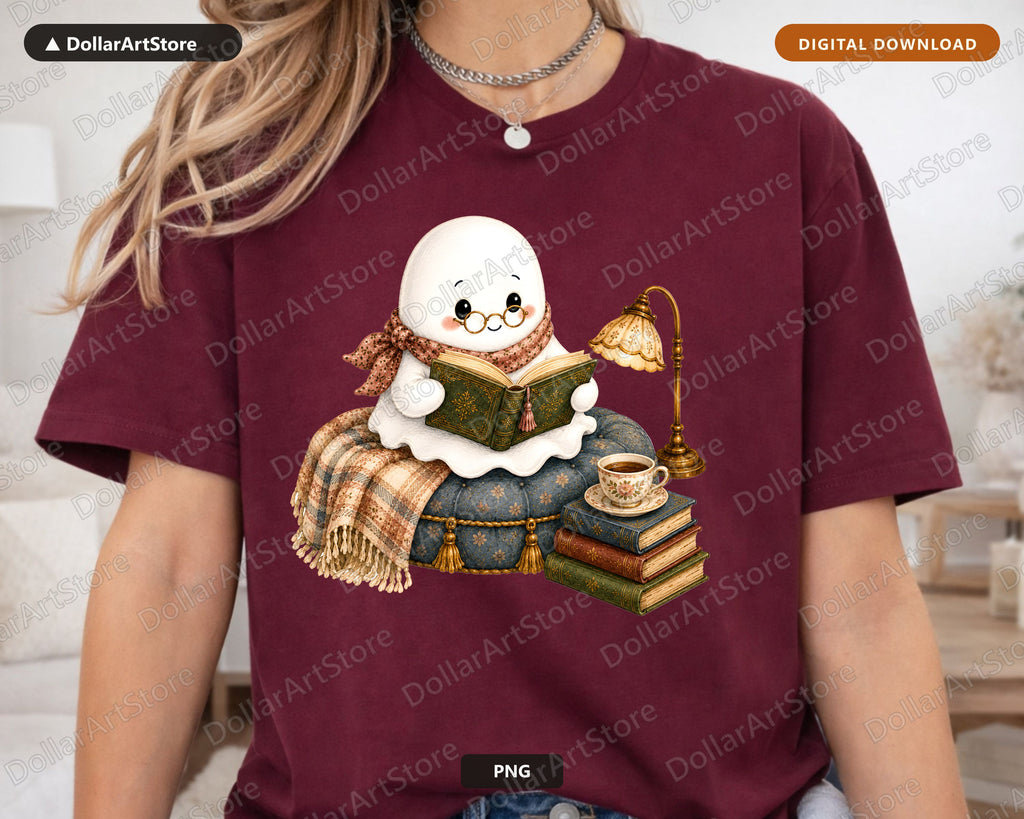 Cozy Ghost PNG, Reading Illustration, Sublimation Design Digital Download
