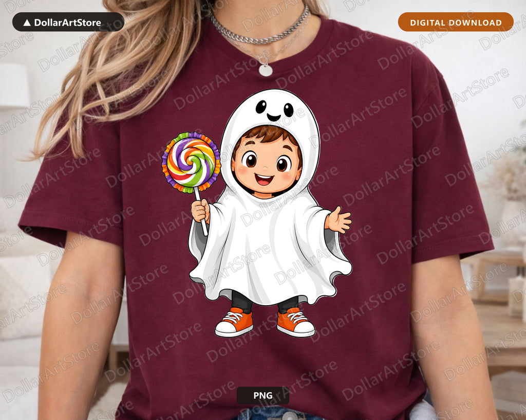 Cute Ghost Costume Kid PNG, Halloween Sublimation Design, Shirt Design Digital Download