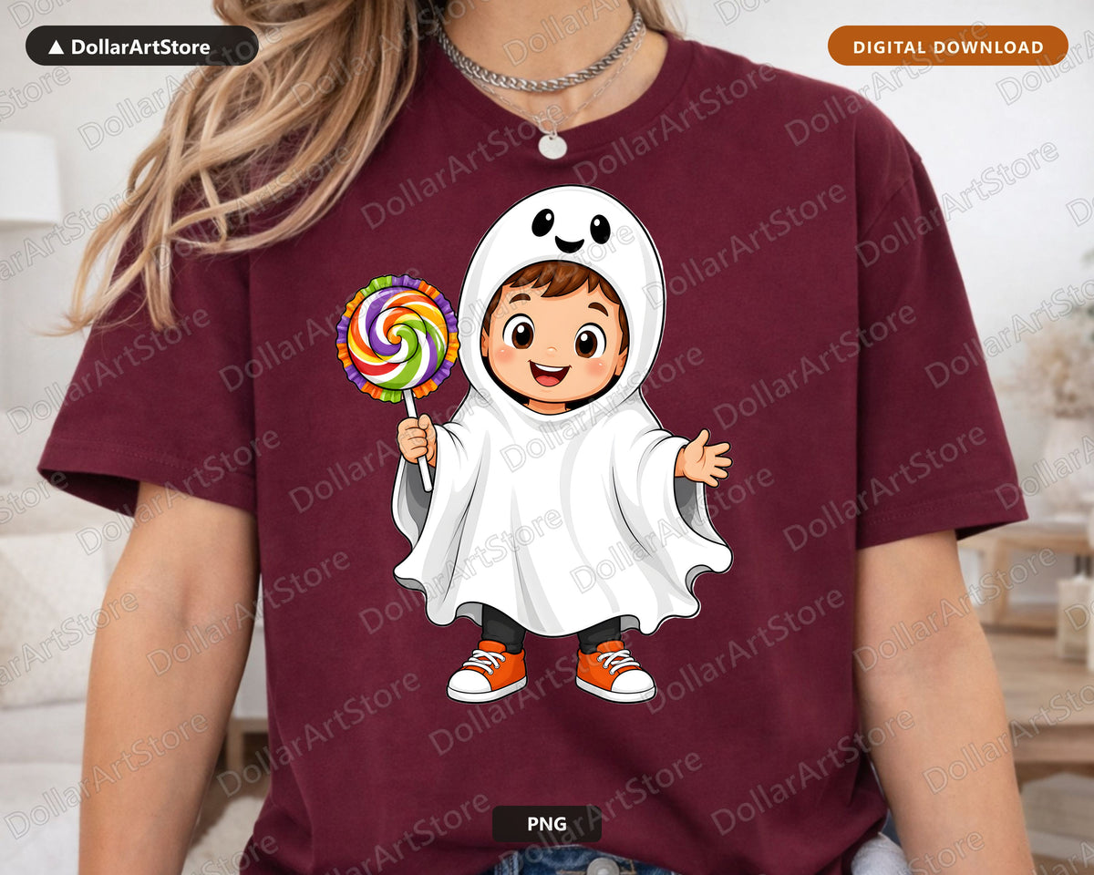 Cute Ghost Costume Kid PNG, Halloween Sublimation Design, Shirt Design Digital Download