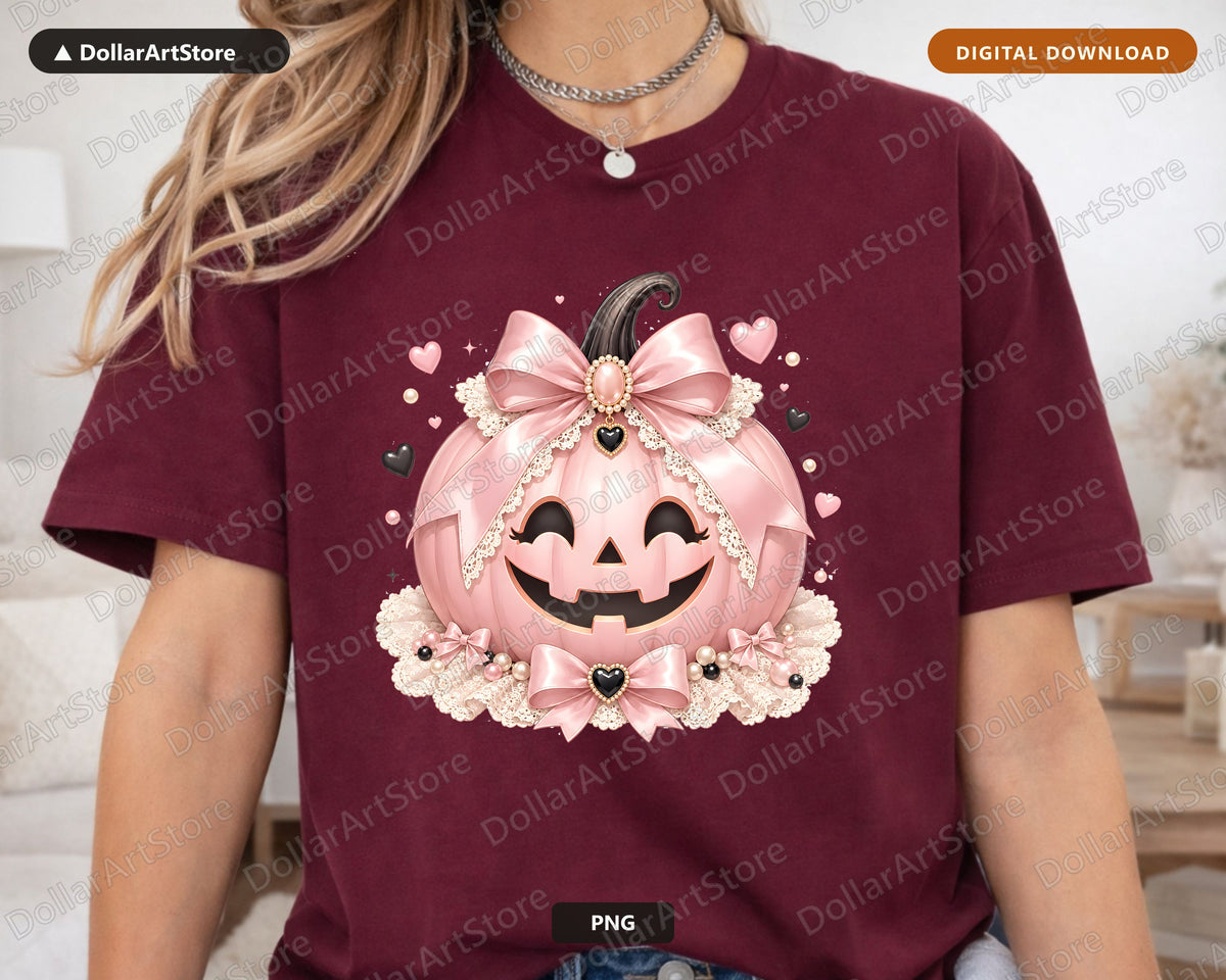Coquette Halloween PNG, Pink Pumpkin Sublimation Design, Shirt Design Digital Download