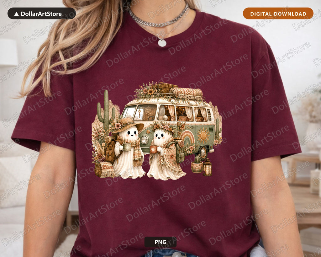 Boho Ghost PNG Sublimation Design, Vintage Van Shirt Print, Digital Download