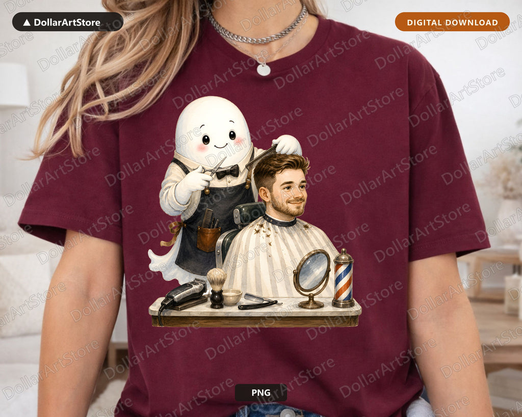 Cute Ghost Barber PNG, Sublimation Design, Shirt Design Digital Download