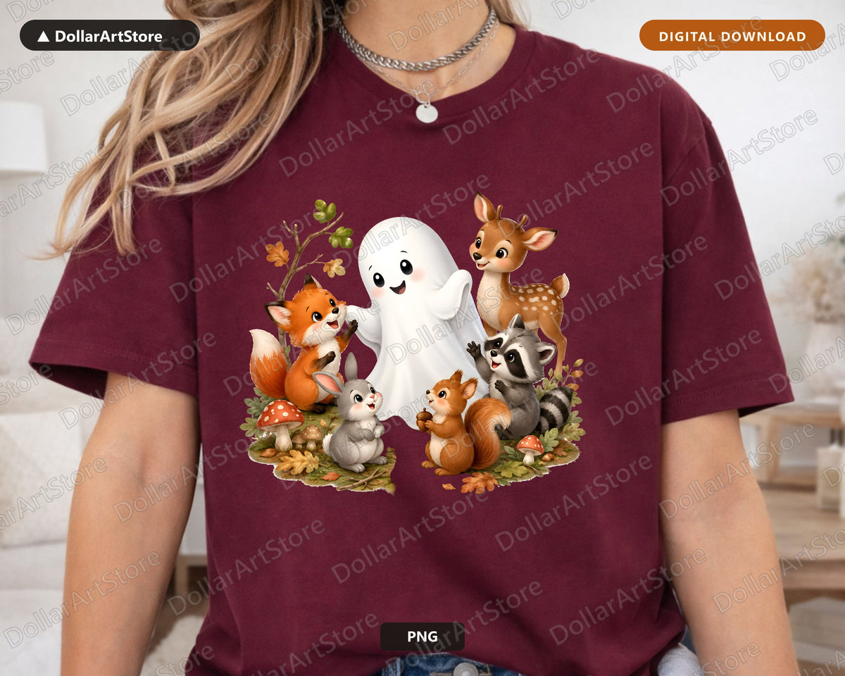 Cute Halloween Ghost PNG, Woodland Animals Sublimation Design, Shirt Print Digital Download
