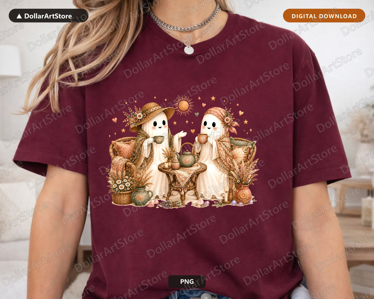Cute Ghost PNG, Autumn Tea Party, Sublimation Design for Shirts