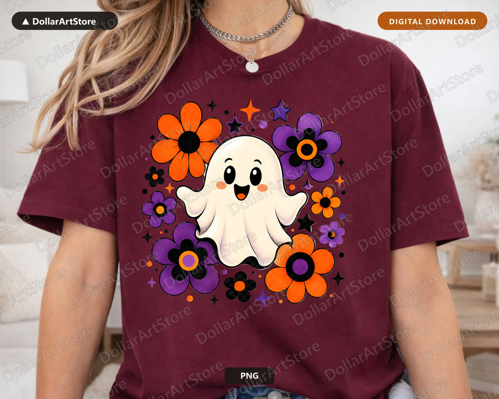 Cute Halloween Ghost PNG, Flower Sublimation Design, Shirt & Tumbler Print