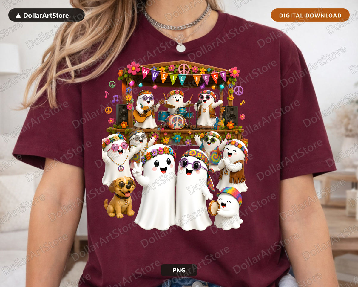 Cute Halloween Ghost PNG Sublimation Design, Groovy Music Festival Shirt Design Digital Download
