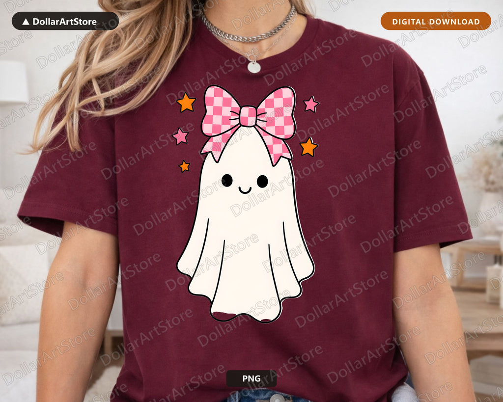 Cute Ghost PNG with Pink Bow, Halloween Sublimation Design, Digital Download