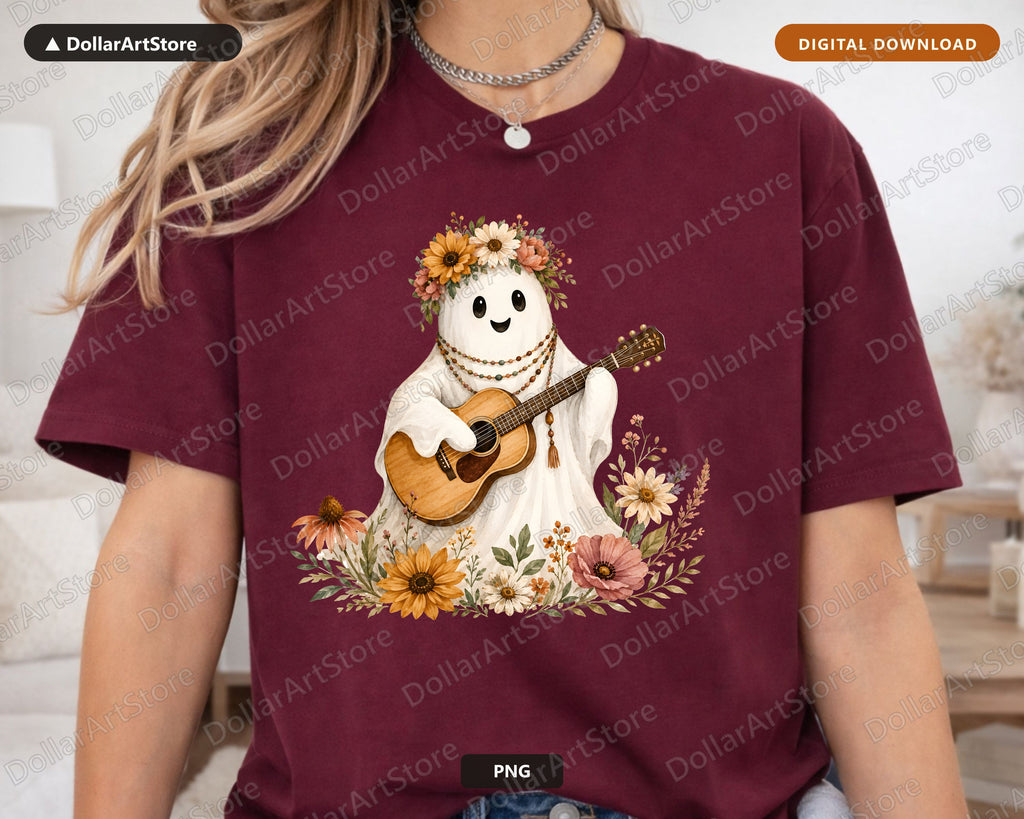 Boho Ghost PNG Sublimation Design, Acoustic Guitar Fall Floral Shirt Design