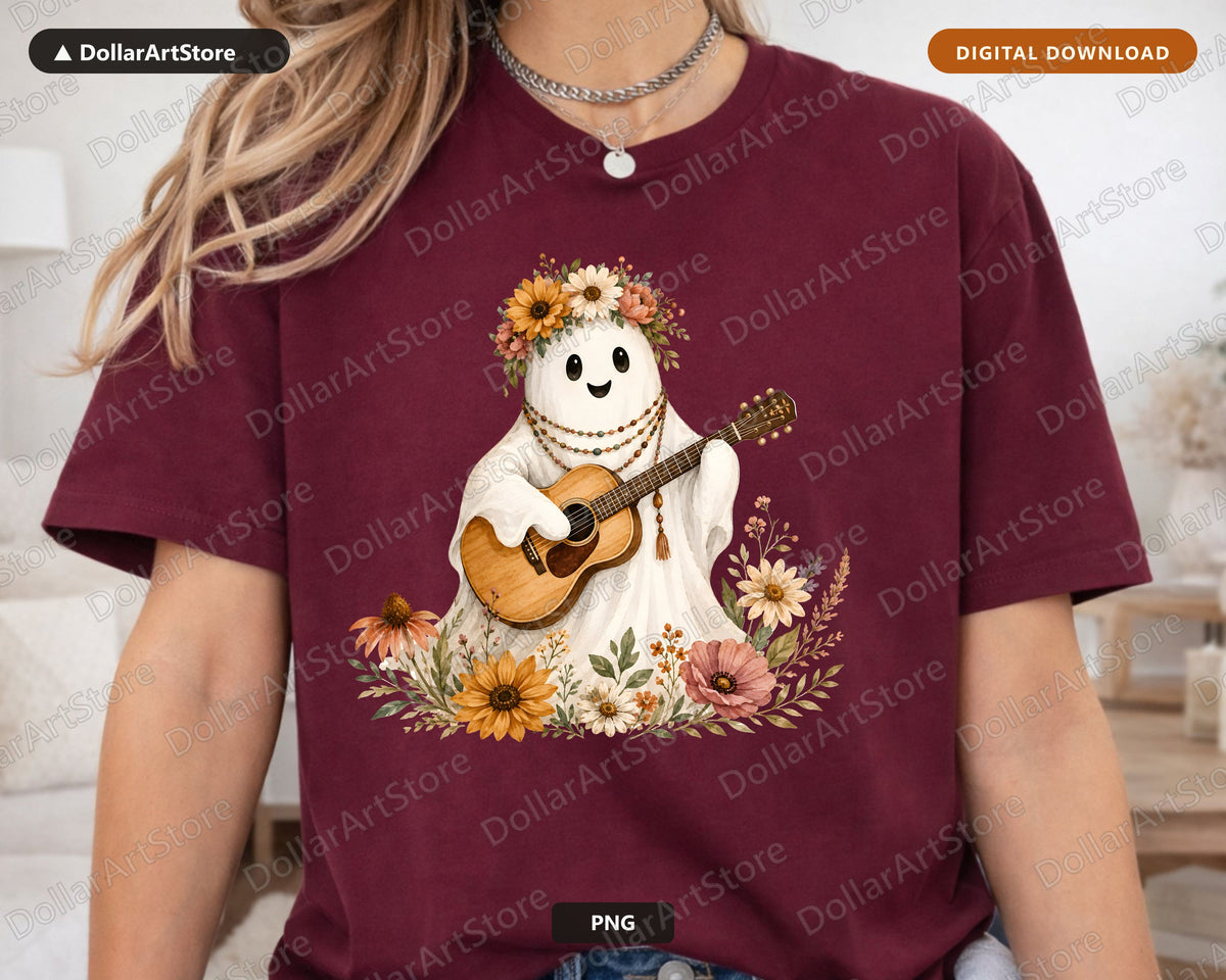 Boho Ghost PNG Sublimation Design, Acoustic Guitar Fall Floral Shirt Design