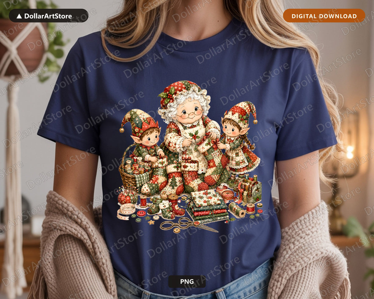 Santa Patchwork PNG Sublimation Design, Vintage Elf Christmas Shirt Design