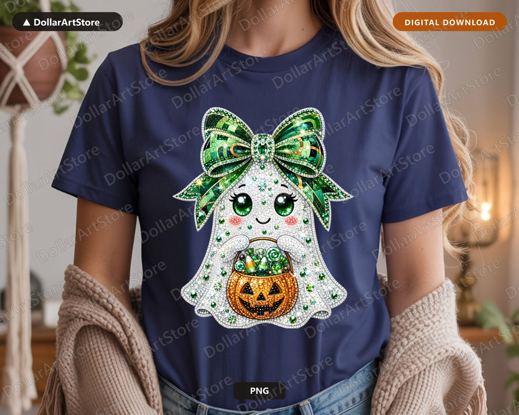 Cute Ghost Girl PNG, Rhinestone Halloween Design, Sublimation Shirt PNG