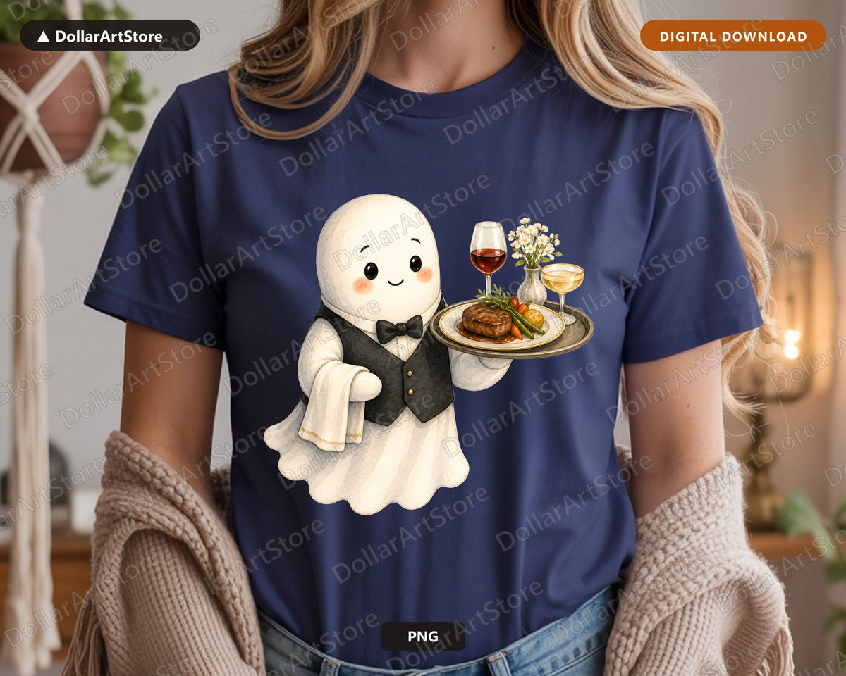 Cute Ghost Waiter PNG, Sublimation Design, Shirt Design Digital Download