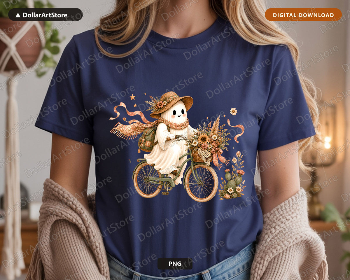 Boho Ghost PNG, Bicycle Sublimation Design, Autumn Shirt Design Digital Download