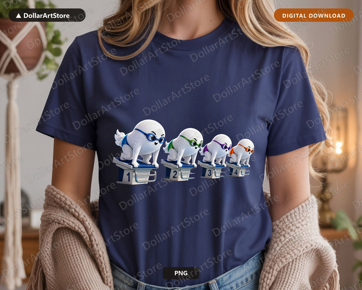 Cute Halloween Ghost PNG Swimming Sublimation Design | Shirt & Tumbler Digital Download