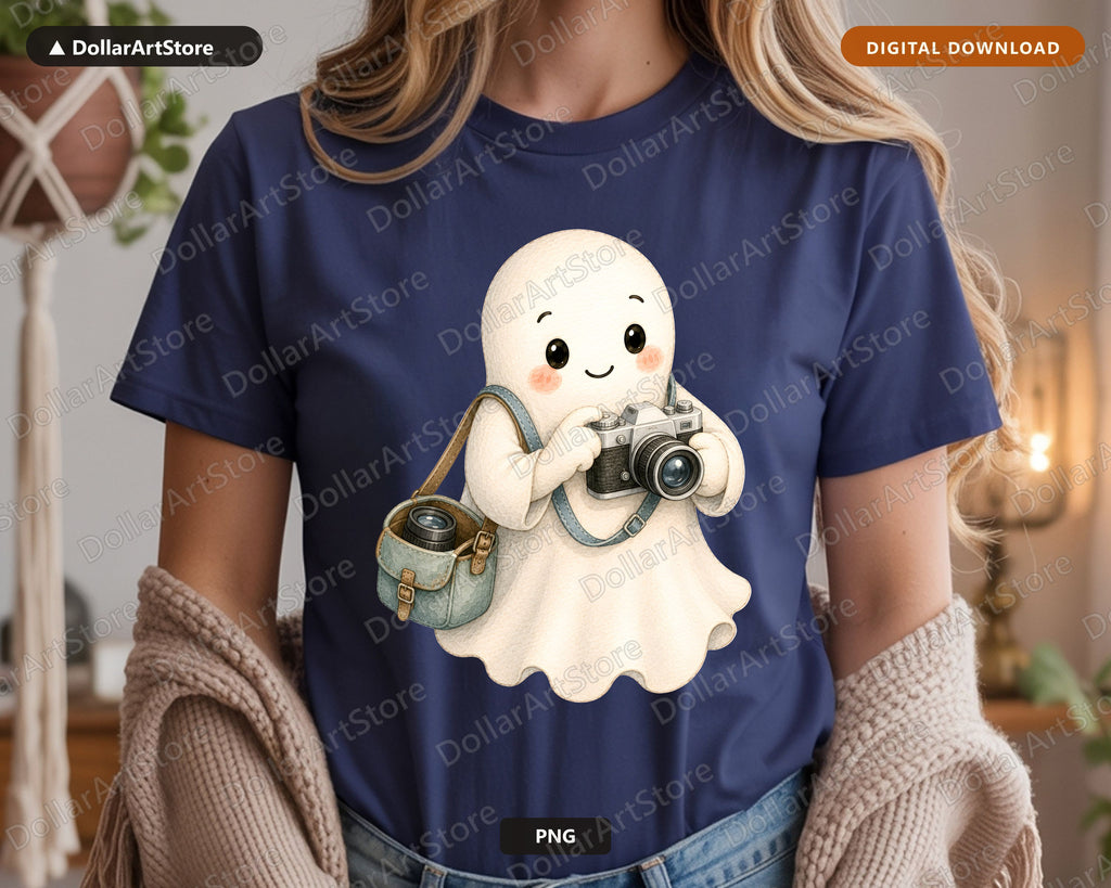 Cute Ghost PNG, Photographer Camera Design, Sublimation Shirt PNG