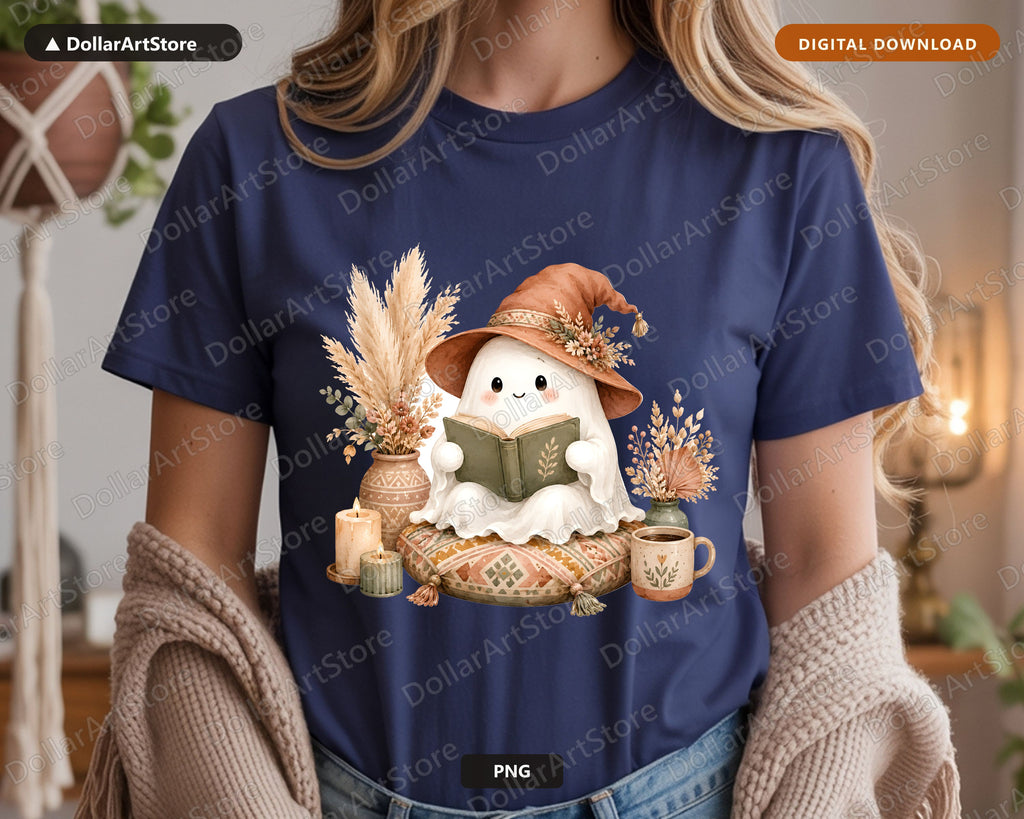 Bookish Ghost PNG, Autumn Reading Sublimation Design, Fall Shirt Design