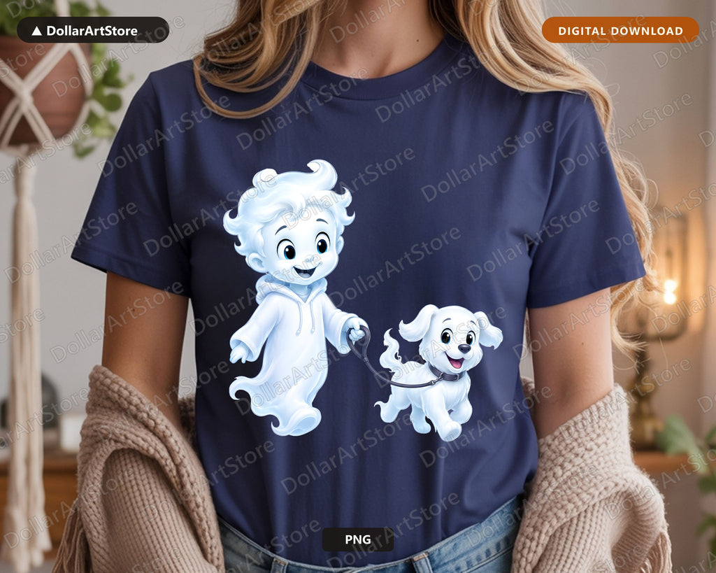 Cute Halloween Ghost PNG, Friendly Ghost with Dog Sublimation Design