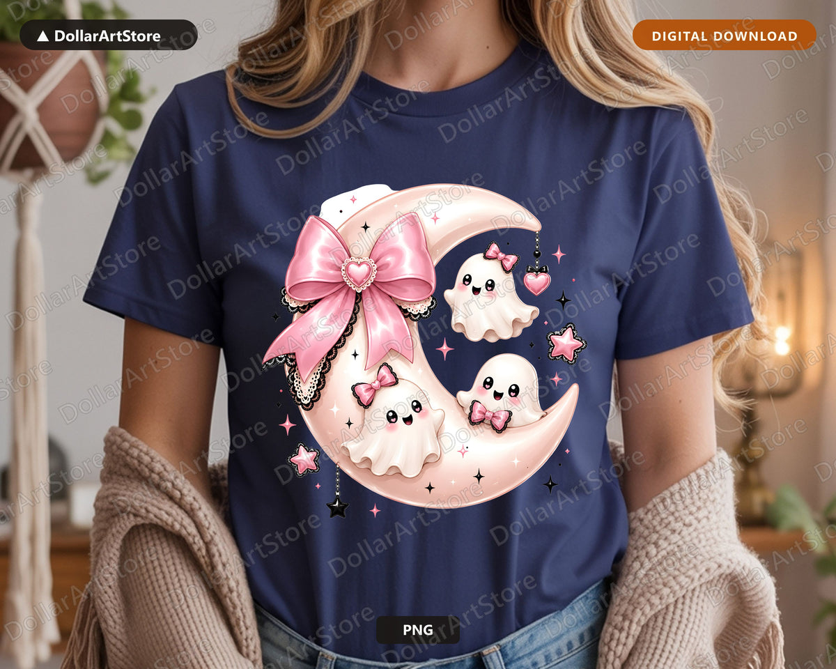 Coquette Halloween Ghost PNG, Cute Pink Bow Design Sublimation Shirt Download