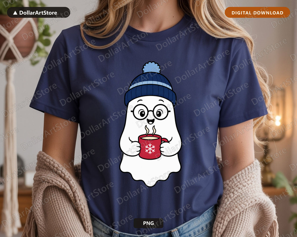 Cozy Ghost PNG, Winter Hot Cocoa Design, Sublimation Shirt Print Download