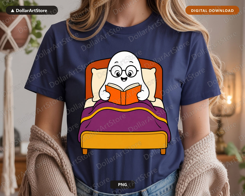 Bookish Ghost PNG, Reading in Bed, Sublimation Design Digital Download