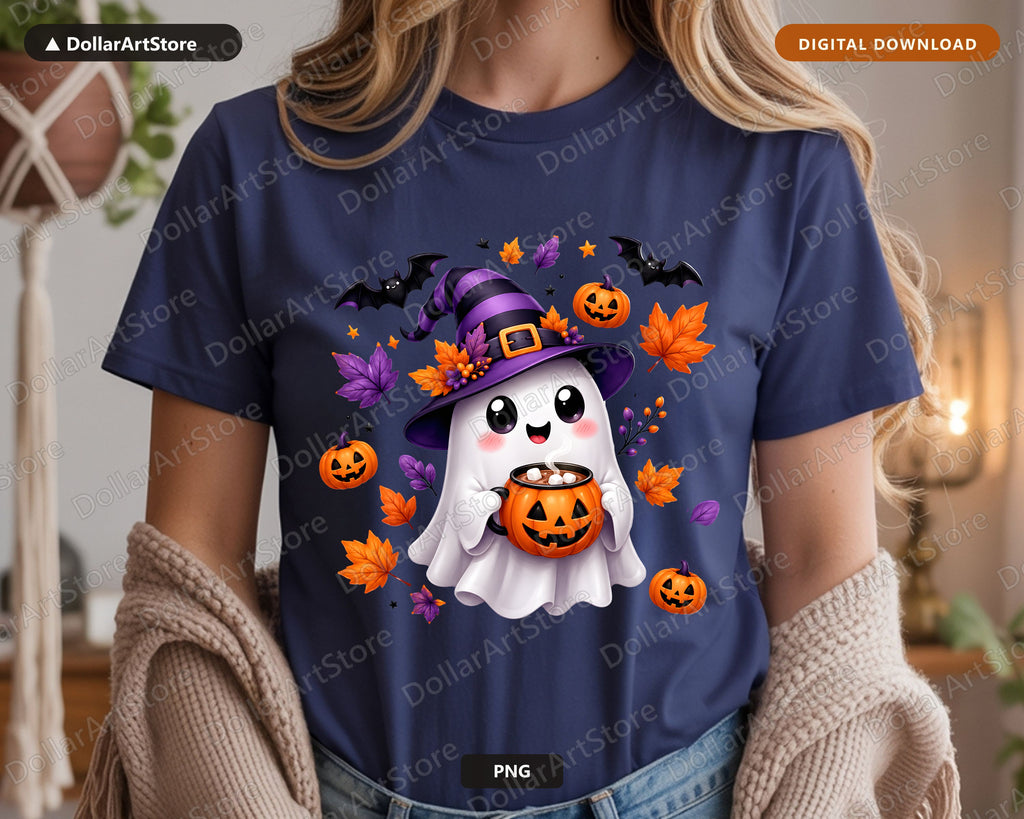Cute Halloween Ghost PNG, Witch Hat Design, Sublimation Shirt Print
